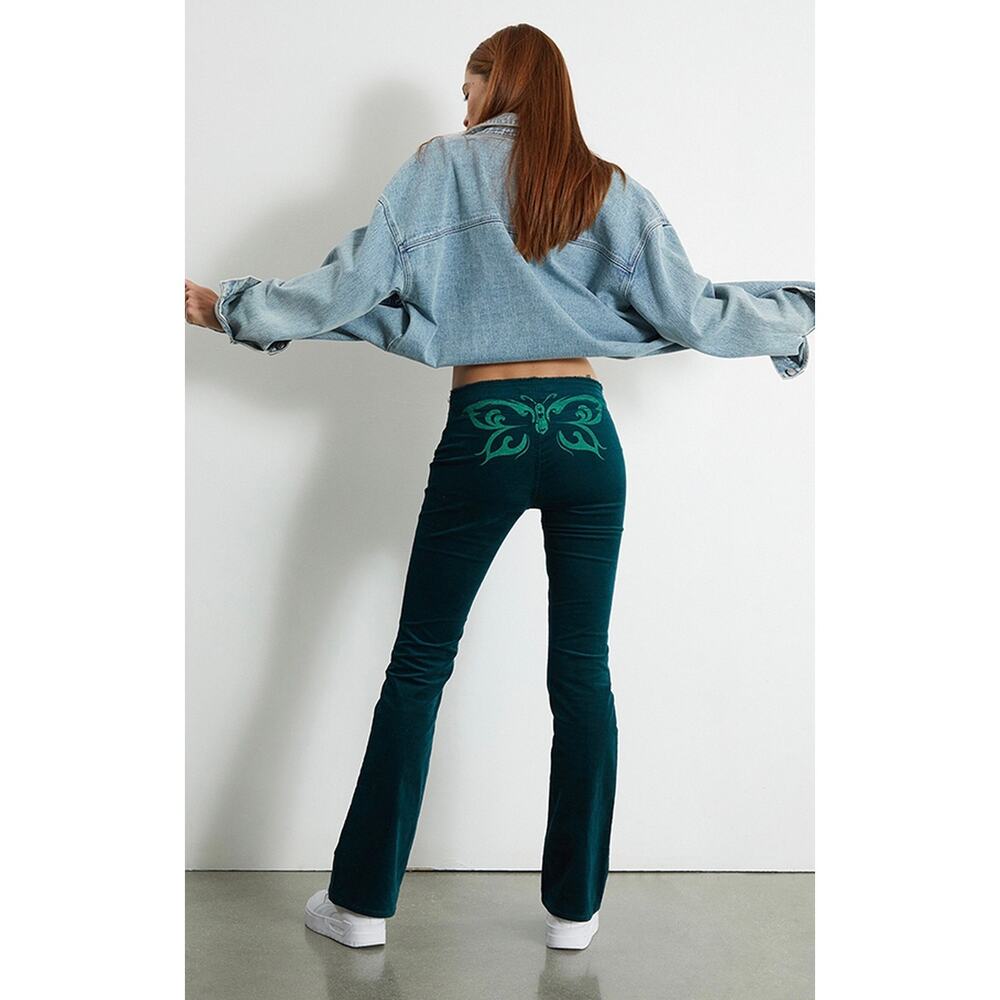 Pacsun Teal Butterfly V-Front Corduroy Low Rise Bootcut Pants